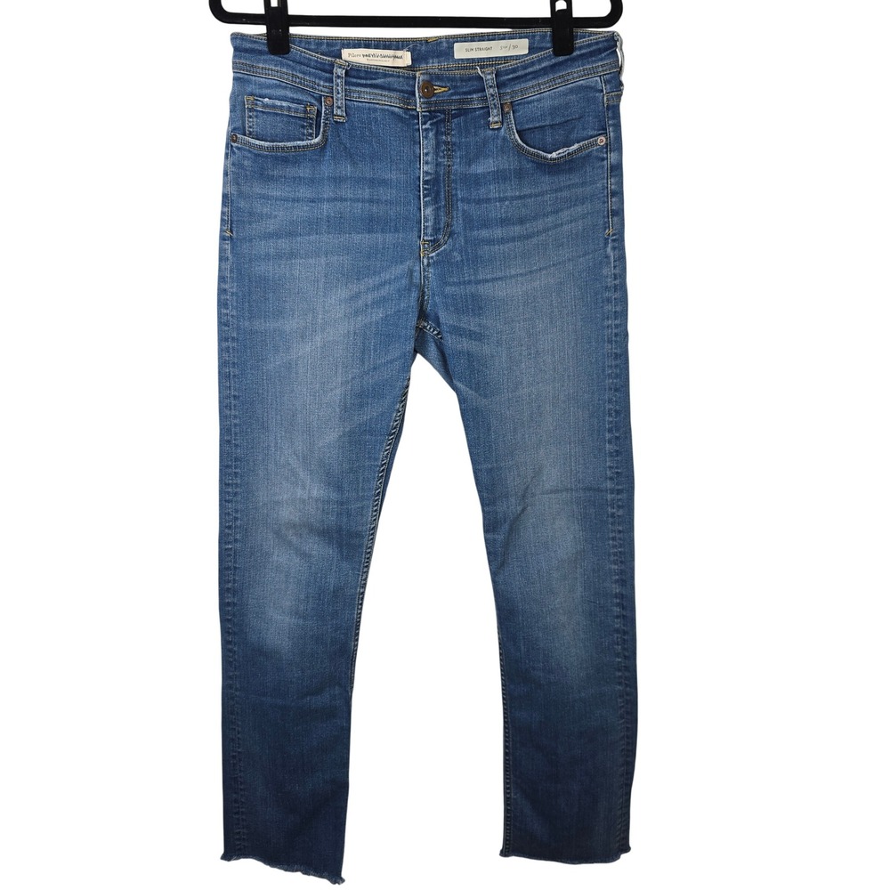 Pilcro Anthropologie Slim Straight High Rise Blue Jeans Womens Size‎ 30 Raw Hem